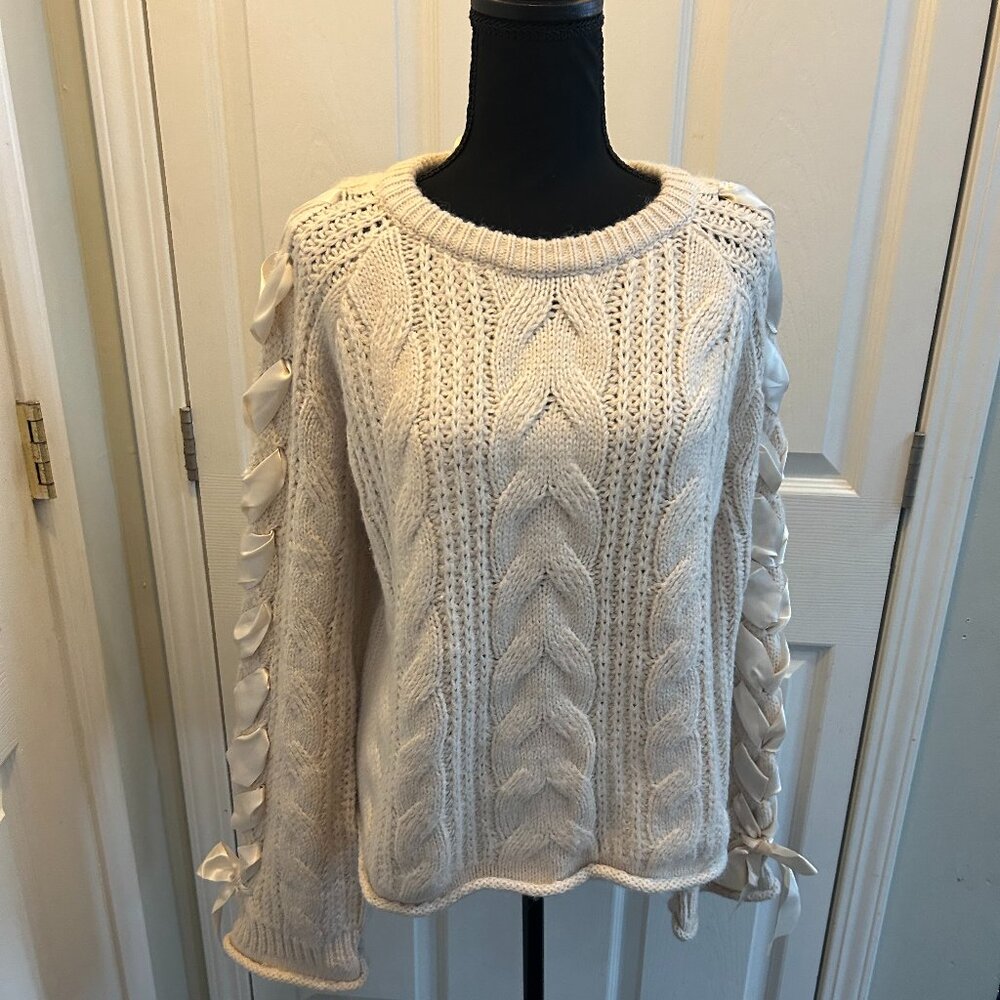 Women's Petite Knit Round Neck Satin Bow Sleeve Sweater In Latte By And Now This